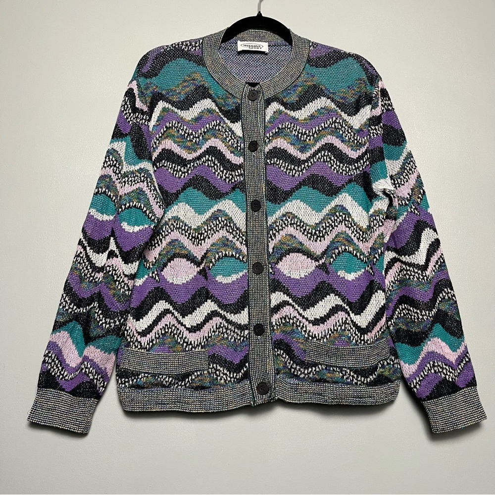 Missoni Sport Vintage 90s Cardigan Knit Sweater Abstract Zigzag Purple Womens 44